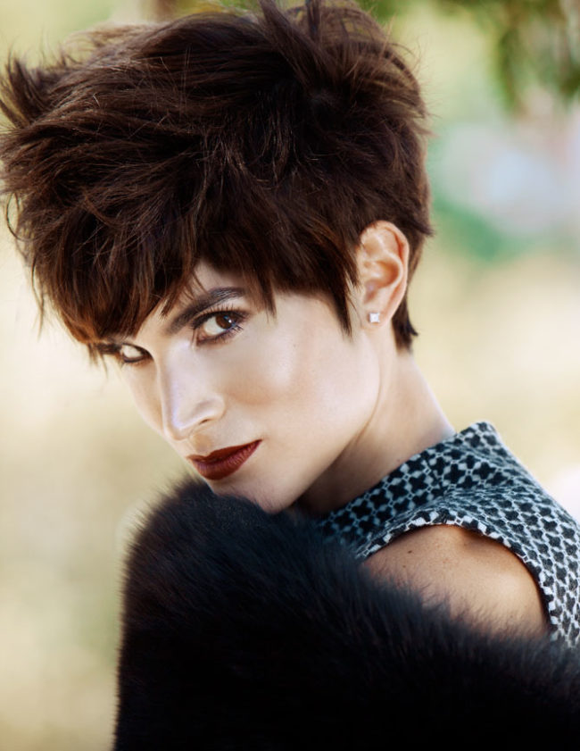 fall beauty with dark lips and pixie hair cut